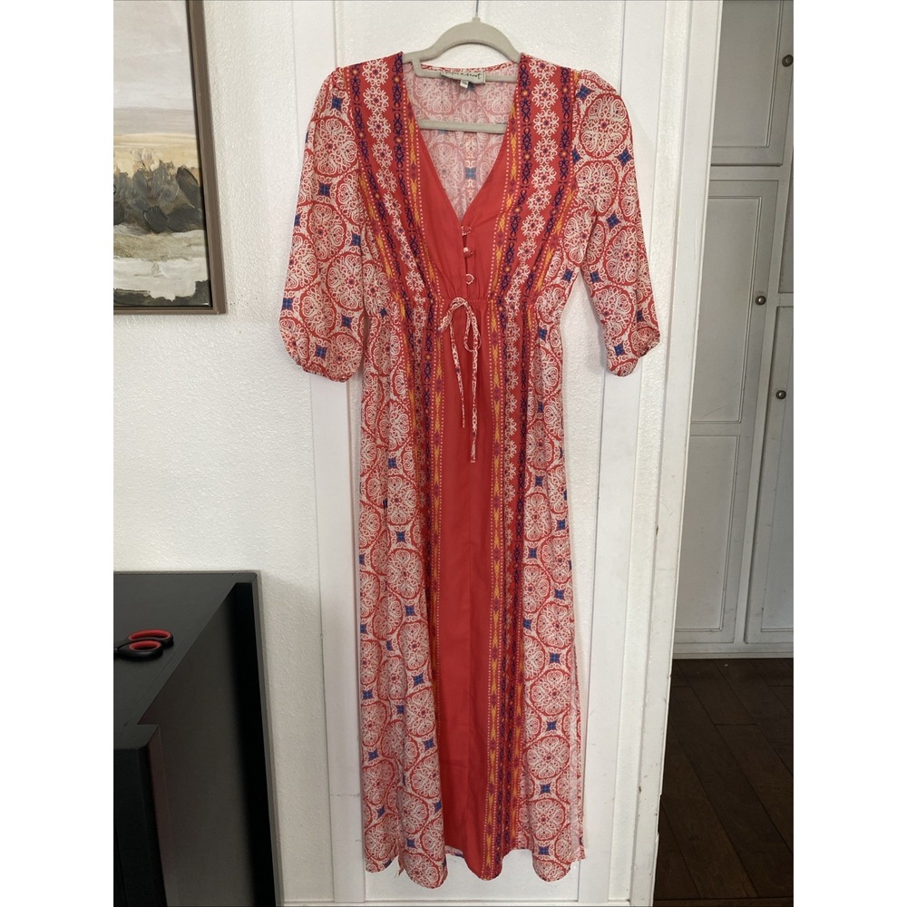 Piper & Scoot Women's Floral Poppy Maxi Dress Size XS‎ Orange Moroccan Style